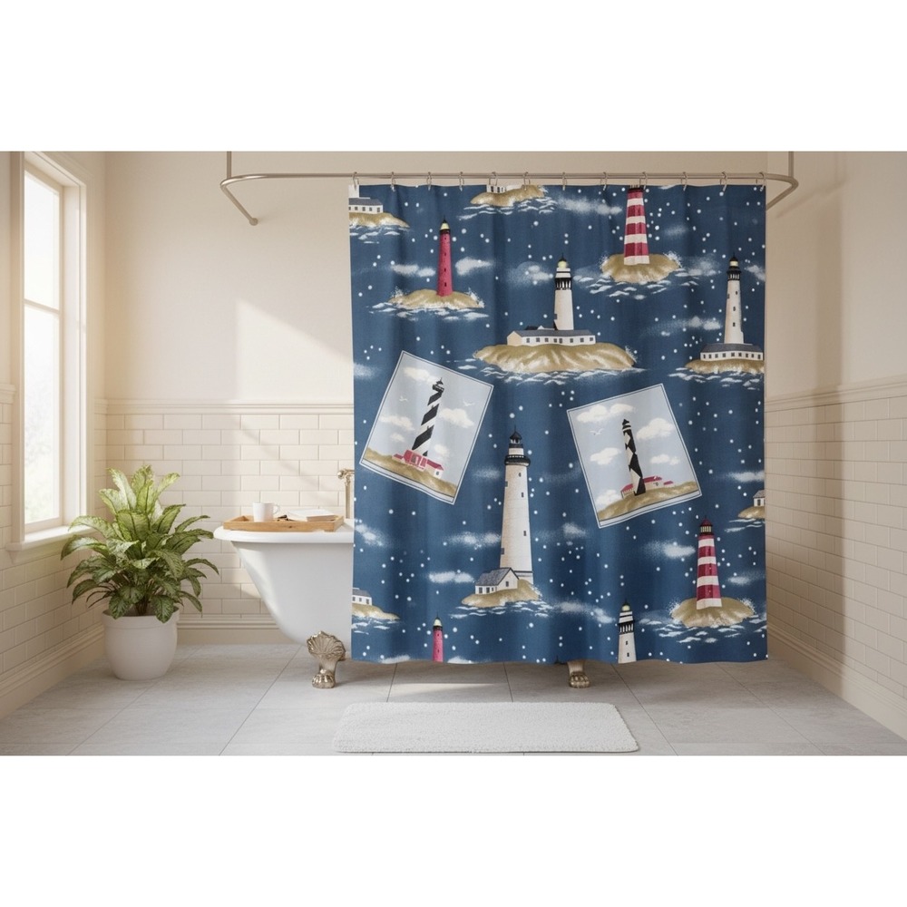 Springs Shower Curtain OS‎ Navy Blue Vintage Lighthouse Coastal Nautical